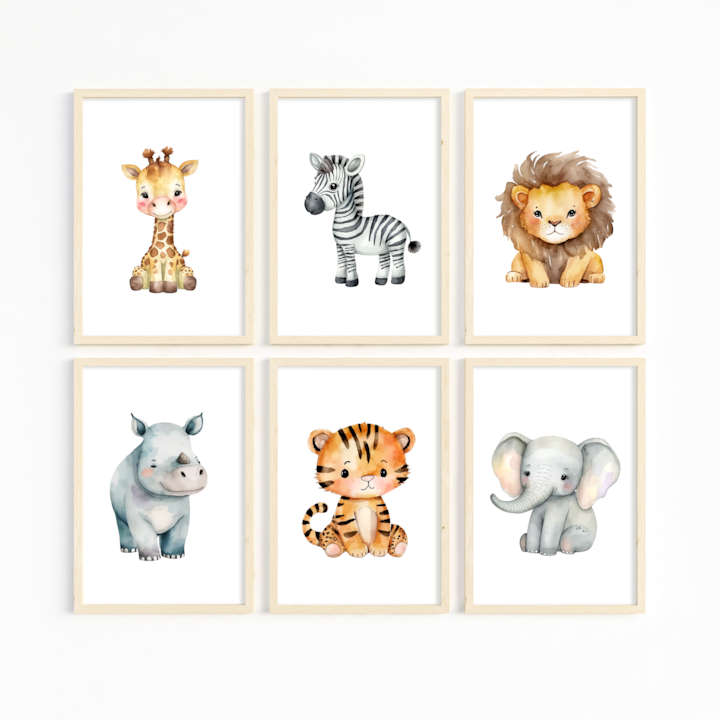 6 db-os festmény készlet szafari állatokkal gyerekszobába, Natúr keret, 21x30 cm