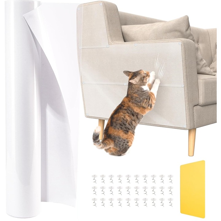Folie de protectie impotriva zgarieturilor pentru pisici si caini, Banda rezistenta la zgarieturi 5 mx 30 cm pentru a preveni deteriorarea mobilierului animalelor de companie,30 agrafe, Transparent