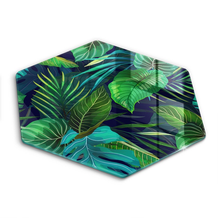 Üveg vágódeszka, Wallfluent, Dzsungel levél illusztráció, h40 cm, Szürke
