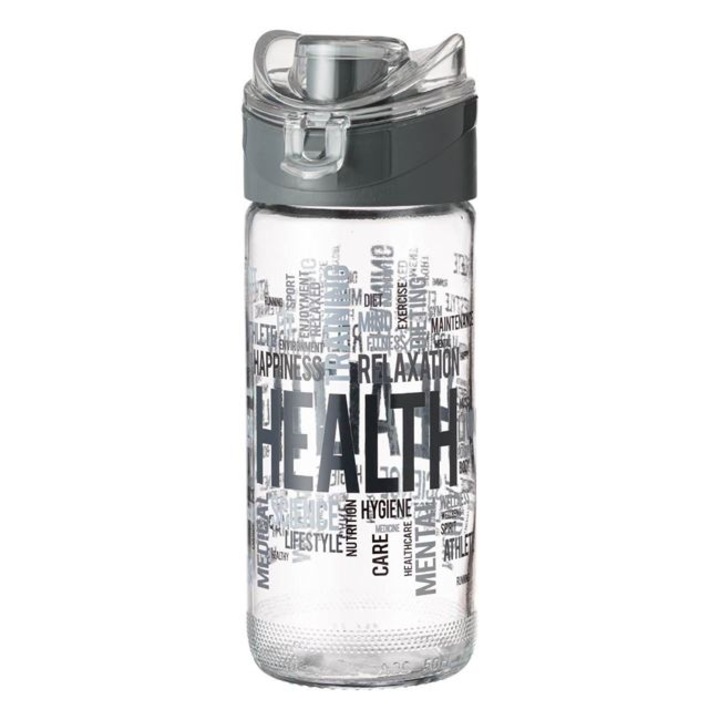 Прозрачна сива пластмасова спортна бутилка за вода с модел и сив капак 500 мл