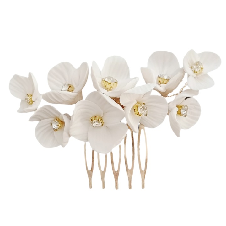 Accesoriu de par pentru mireasa tip pieptan cu pietricele sau flori albe