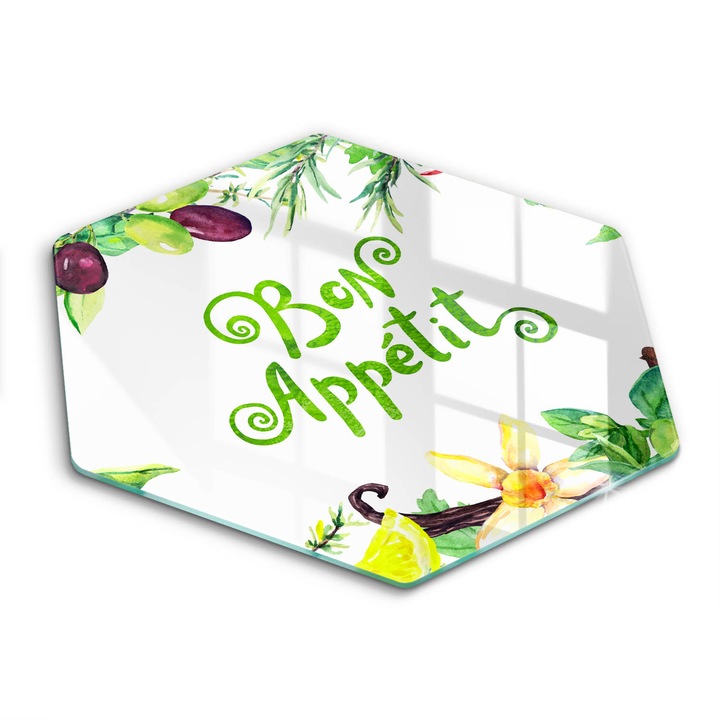 Tocator de bucatarie, Wallfluent, din sticla, h40 cm, Inscriptia bon apetit, Verde, 010010520090000274303