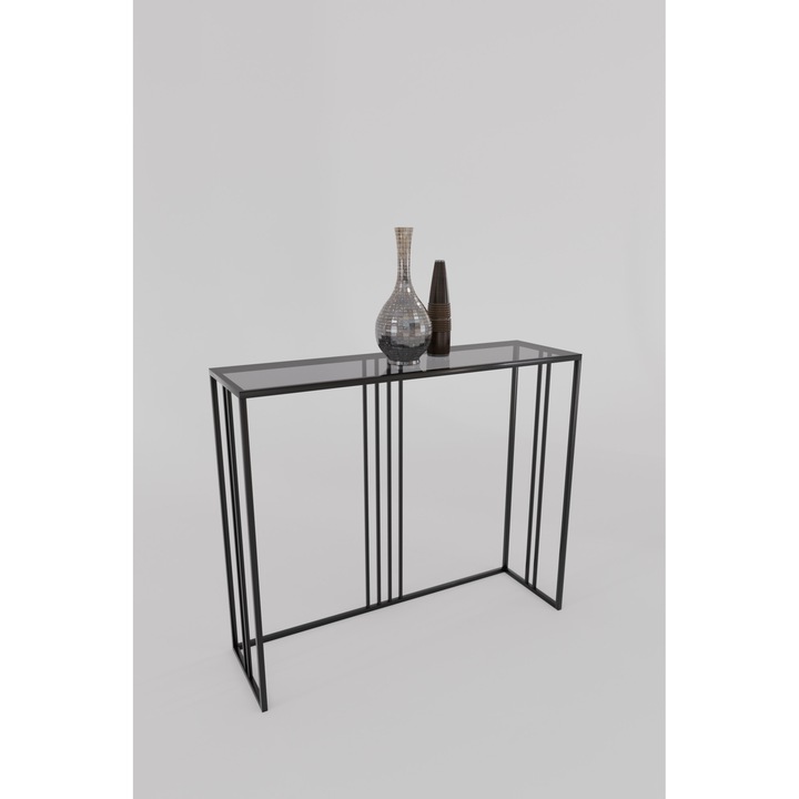 Masa consola Carly, Marsah Home, 85x100x30 cm, cadru metalic negru, sticla securizata fumurie