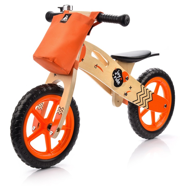 Bicicleta copii fara pedale din lemn Joy Ride Balance Orange 12 inch, scaun reglabil pe inaltime 34-38 cm, roti EVA, clopotel, gentuta accesorii, ghidon cu posibilitate de blocare