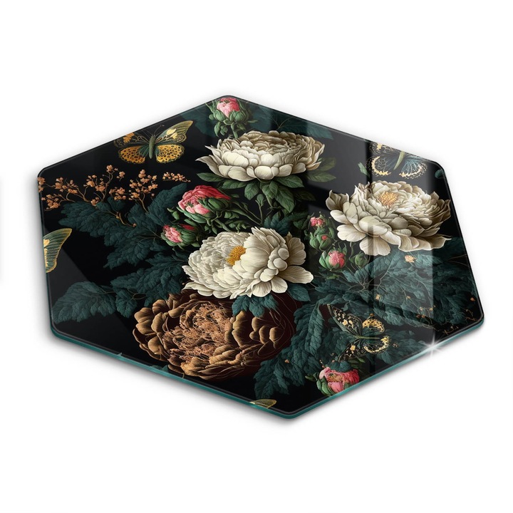 Tocator de bucatarie, Wallfluent, din sticla, h40 cm, Flori de bujor vintage, Multicolor, 010010520090000075346