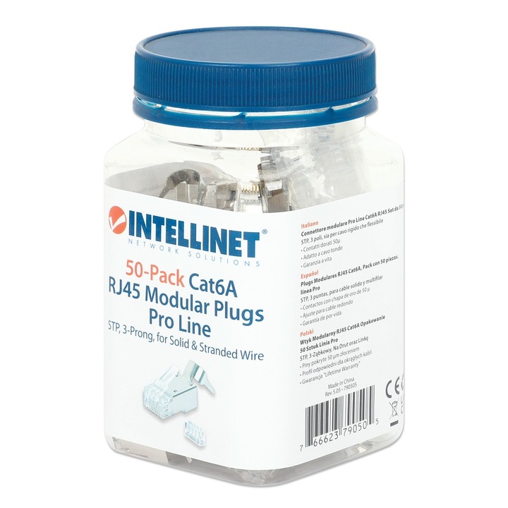 Пакет от 50 RJ45 STP конектора за твърд гъвкав кабел Cat.6A STP Intellinet IWP-JAR-C6A