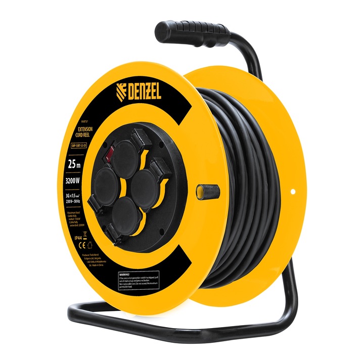 Удължител Denzel, на макара 25 м, 4 гнезда, IP44, H05RR-F, 3G*1, 5 мм, 14A