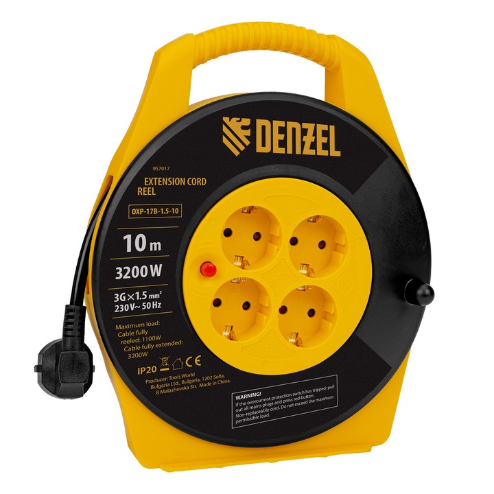 Удължител Denzel, макара със затворена кутия, 10 м, 4 гнезда, IP20, H05Vv-F, 3G*1.5 мм, 14A