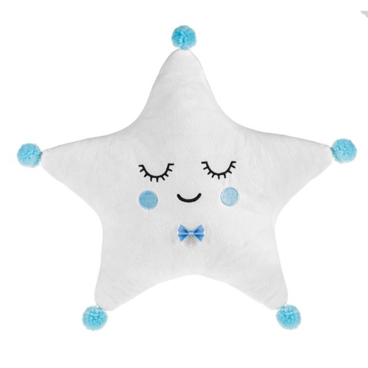 Perna decorativa pentru copii, in forma de stea alba cu pompon albastru 36x36cm