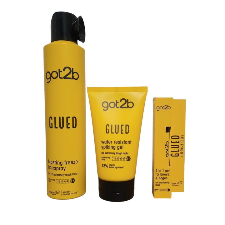 Pachet: Gel pentru par, rezistent la apa, got2b Glued, 150 ml + Fixativ Got2b Blasting Freeze Glued, nivel de fixare 6, 300 ml + Gel Got2b pentru stilizarea si fixarea sprancenelor si firelor rebele de par 2in1 16 ml