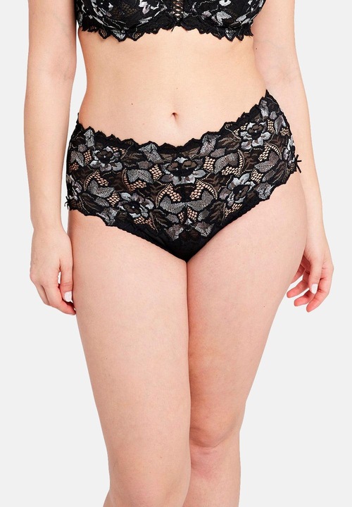 Chiloti model lat in lateral cu talie inalta, de colectie din dantela si microfibra, S Complexe Arum, Negru/Argintiu M