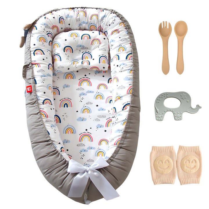 Бебешки кош за спане Infiniteea™, Бебешко гнездо, 90x50 см, 0-24 месеца, Подвижен калъф, Памук, Преносим, Предлага комфорт, Безопасност, Подходящ за съвместно спане, Възглавница, Играчка за зъби, Наколенки, Включени лъжица, Вилица, Rainbow