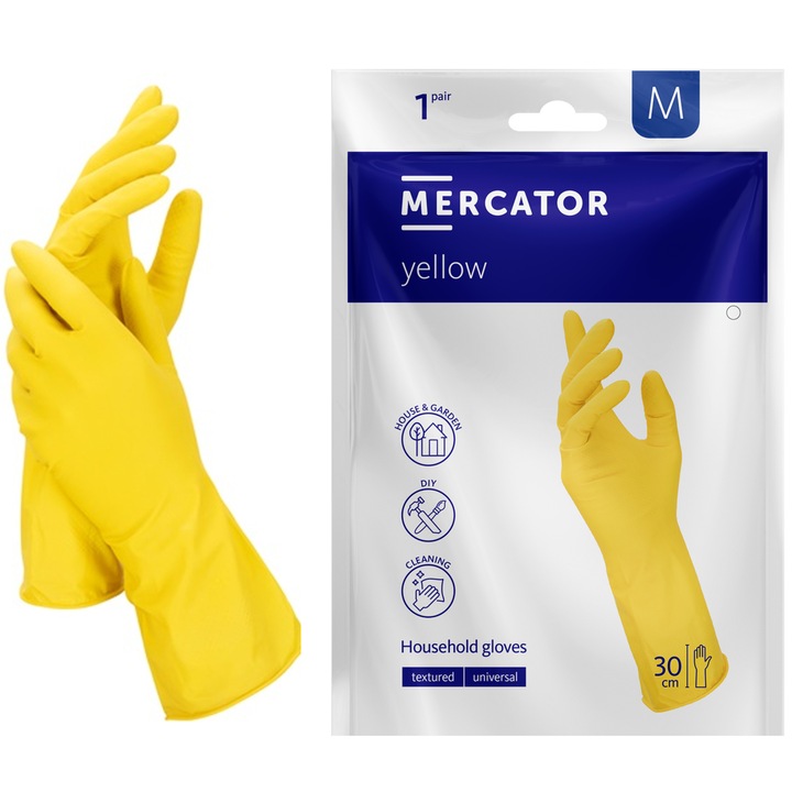 Set 2 buc. (o pereche) Manusi de menaj Mercator cu textura antialunecare si protectie extinsa, blister, galben, M