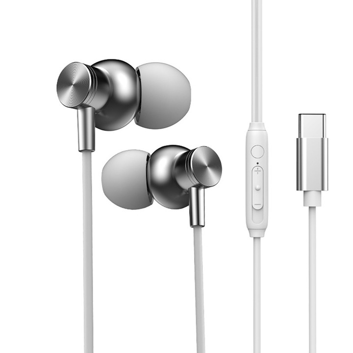 Casti cu fir intraauriculare / Sunet stereo HiFi + Intraauricular confortabil / Type-c / Argintiu