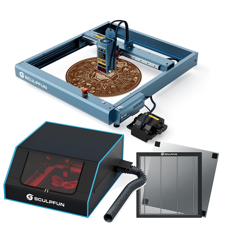 Gravírozógép SF-A9 40W, SCULPFUN, Pontos pozicionáló láng, Hőmérséklet riasztó funkció, Munkaterület 400x400mm, pumpával, alveoláris panellel, füstelvezető készlettel