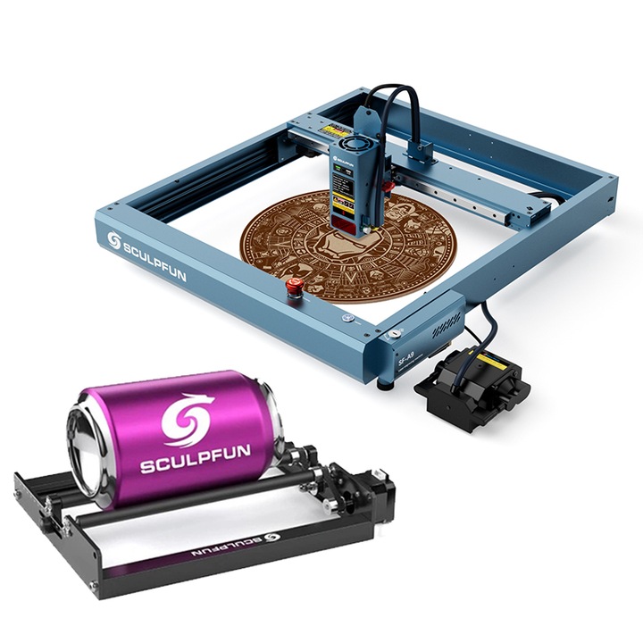 Гравираща машина SF-A9 40W, SCULPFUN, Прецизно позициониране на пламъка, Функция за аларма за температура, Работна площ 400x400mm, с помпа, с ролки