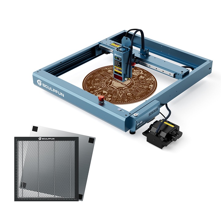Гравираща машина SF-A9 40W, SCULPFUN, Прецизно позициониране на пламъка, Функция за аларма за температура, Работна площ 400x400mm, с помпа, с алвеоларен панел