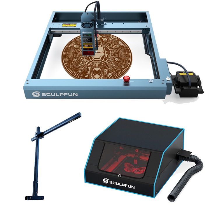 Гравираща машина SF-A9 40W, SCULPFUN, Прецизно позициониране на пламъка, Функция за аларма за температура, Работна площ 400x400 мм, с помпа, с комплект за изсмукване на дим, с камера