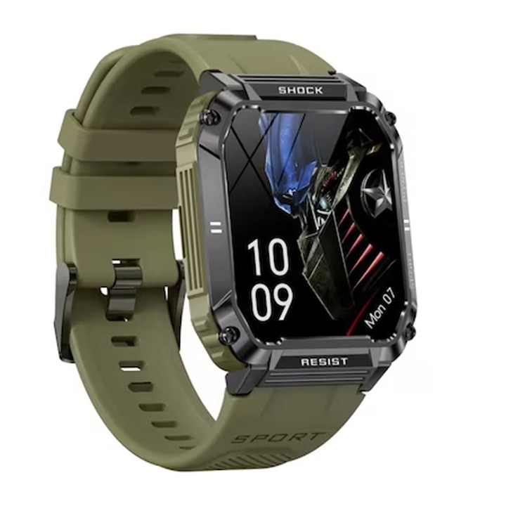 Férfi okosóra DG Sync 3 zöld: 1,95 hüvelykes képernyő, HD Bluetooth-hívások, értesítések, állapotfigyelés - pulzusszám, véroxigén, alvás, speciális fitnesz, lépésszámláló, GPS, IP68 vízálló, 400 mAh-s hosszú élettartamú akkumulátor, elegáns design