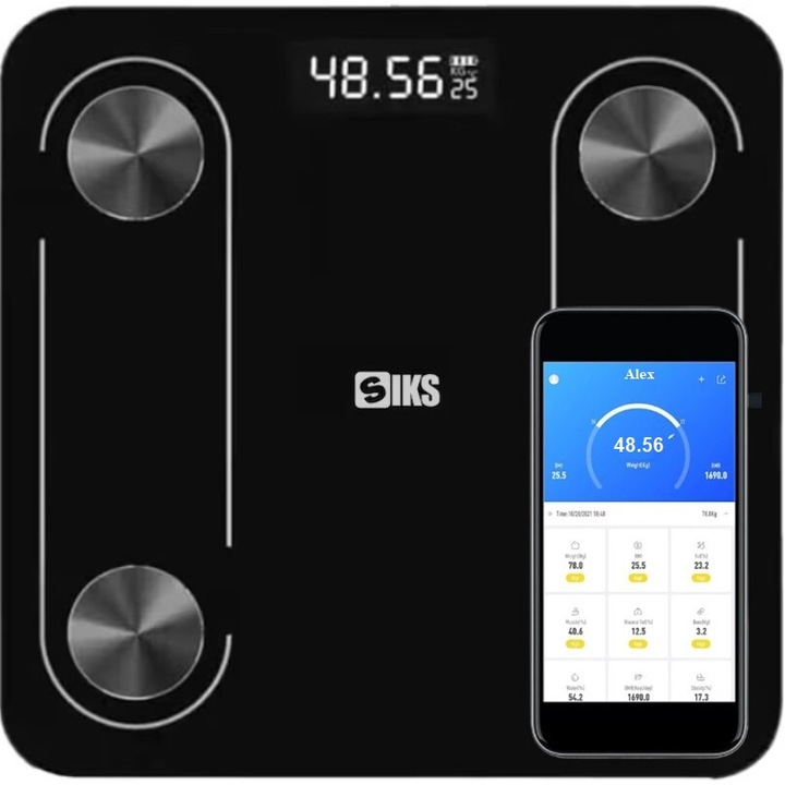 Cantar Electronic Inteligent De Baie SIKS Ecran De Sticla Securizata, Suporta Maxim 180 Kg, Electronic Cu Aplicatie Smart, Corporal, Digital Iluminat, Termometru, Baterii, Negru