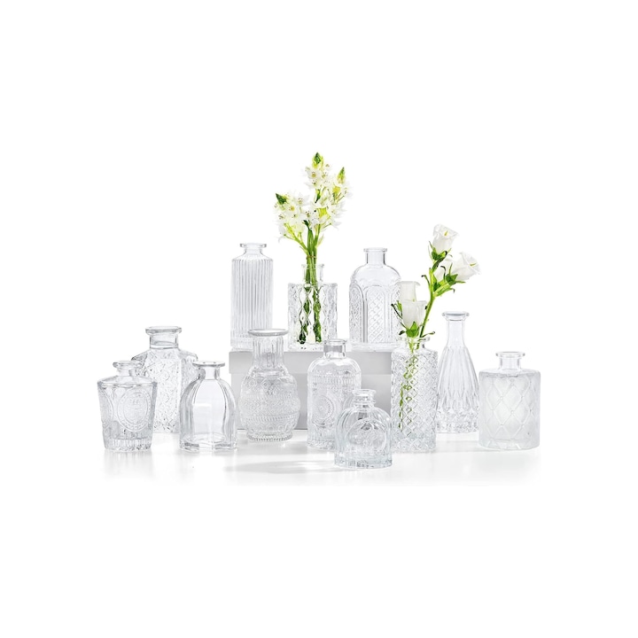 Комплект от 12 малки декоративни стъклени вази, различни модели, прозрачни, 8-14,5 см x 4,2-6,8 см