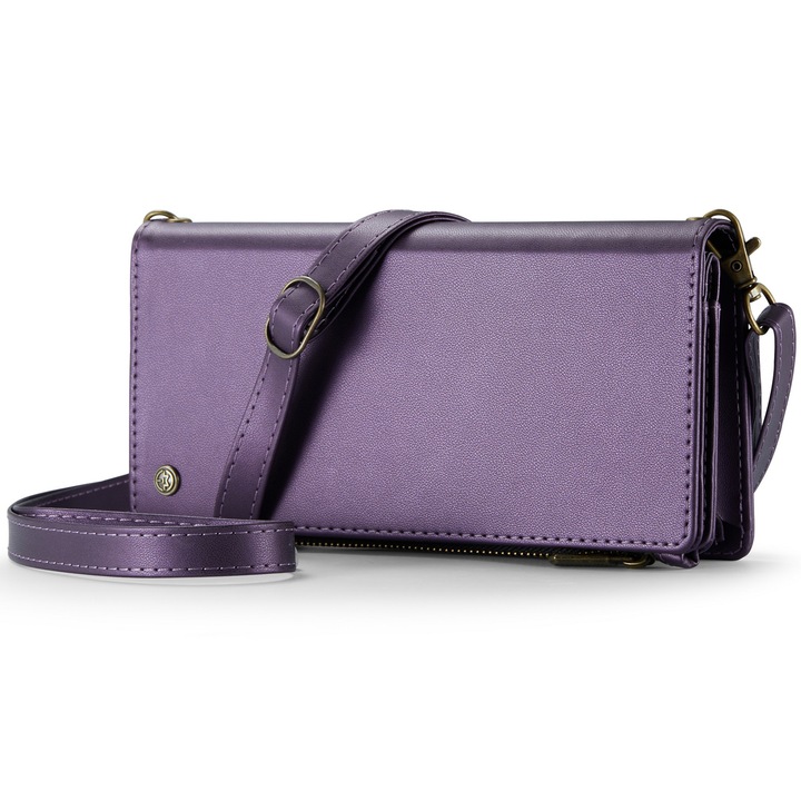 Калъф за портфейл, Универсална чанта за кръст, CaseMe, много мека текстурирана кожа, 2 подвижни каишки, множество джобове, за телефони до 200 мм, цвят лилаво