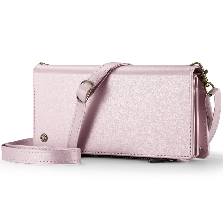 Калъф за портфейл, Универсална чанта за кръст, CaseMe, много мека текстурирана кожа, 2 подвижни каишки, множество джобове, за телефони до 200 мм, цвят Розово