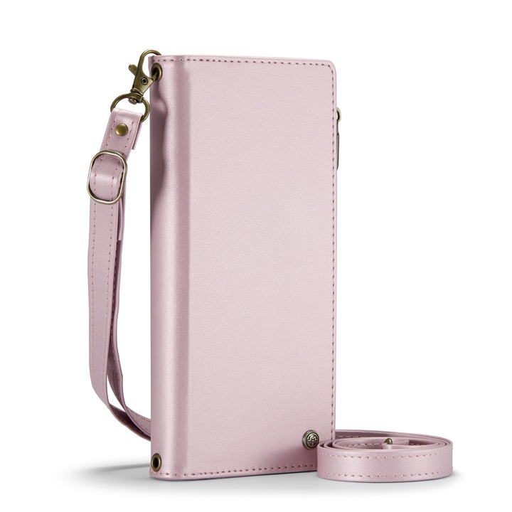 Husa portofel, Geanta universala crossbody, CaseMe, piele cu textura foarte fina, 2 curele, multiple buzunare, pentru telefoane pana 200mm, culoare Roz
