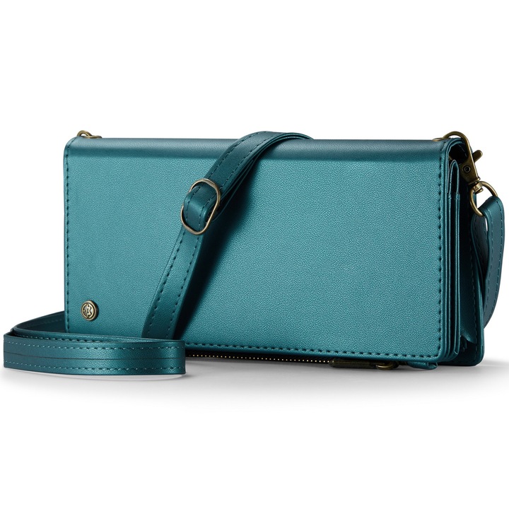 Калъф за портфейл, Универсална чанта за кръст, CaseMe, много мека текстурирана кожа, 2 подвижни каишки, множество джобове, за телефони до 200 мм, цвят Зелен