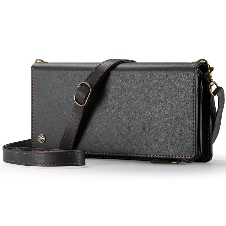 Калъф за портфейл, Универсална чанта за кръст, CaseMe, много мека текстурирана кожа, 2 подвижни каишки, множество джобове, за телефони до 200 мм, цвят Черен