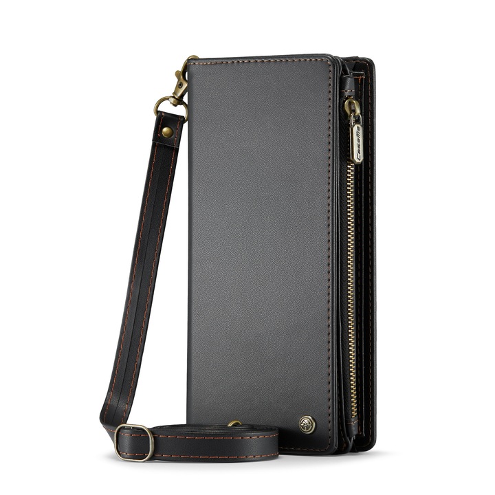 Husa portofel, Geanta universala crossbody, CaseMe, piele cu textura foarte fina, 2 curele, multiple buzunare, pentru telefoane pana 200mm, culoare Negru