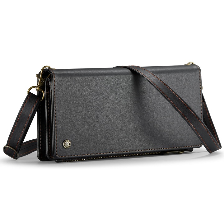 Pénztárca, Huzat, CaseMe univerzális crossbody táska, nagyon finom textúrájú bőr, 2 levehető pánt, több zseb, telefonokhoz 200 mm-ig, Fekete szín