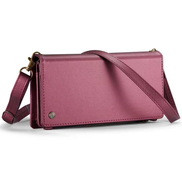 Калъф за портфейл, Универсална чанта за кръст, CaseMe, много мека текстурирана кожа, 2 подвижни каишки, множество джобове, за телефони до 200 мм, цвят Червено