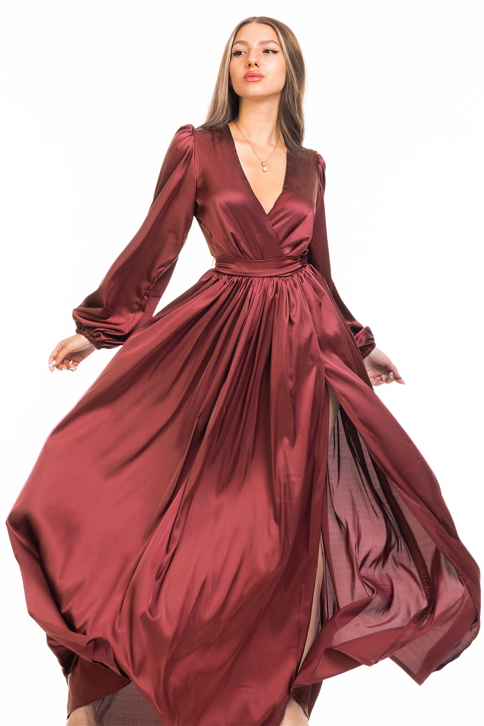 CAMISSI, Rochie maxi evazata cu slit si model petrecut, Visiniu, S