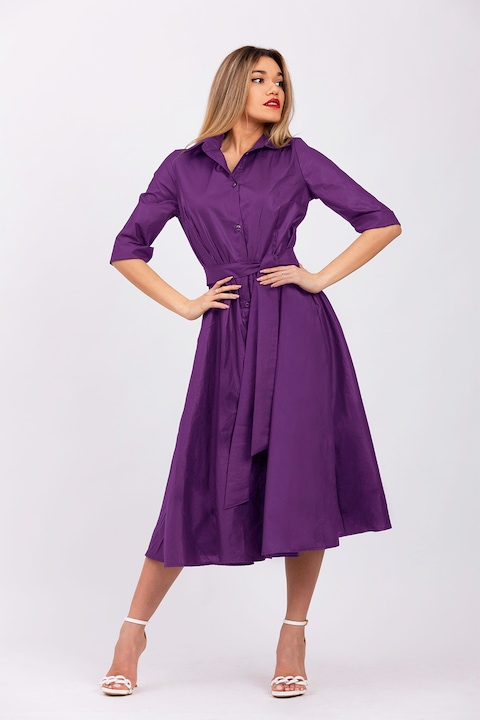 CAMISSI, Rochie-camasa evazata cu cordon in talie, Violet, L