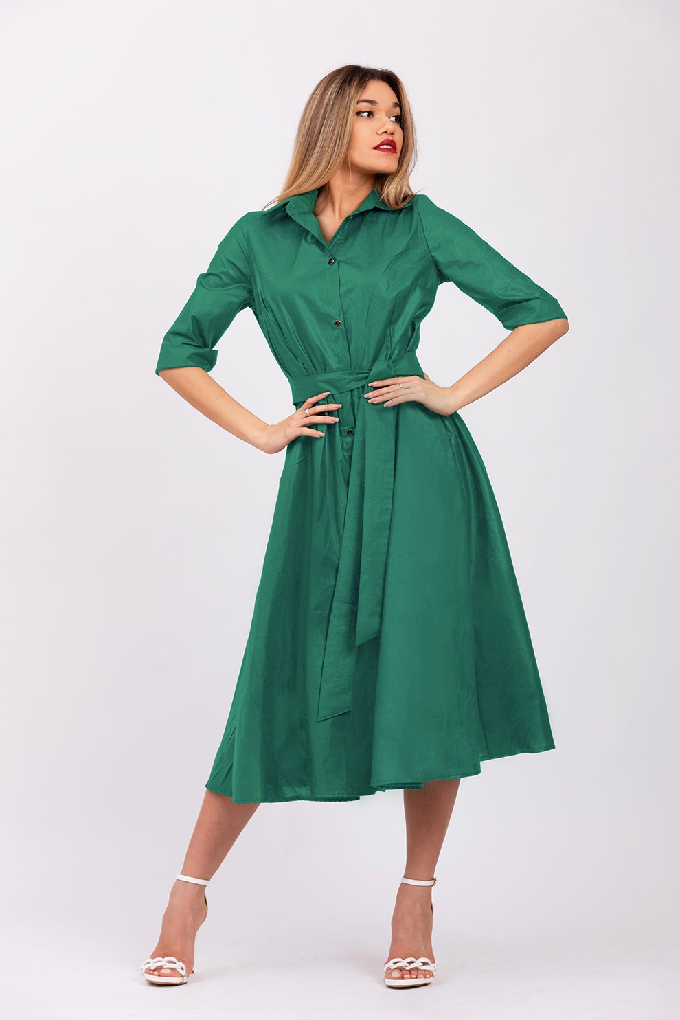 CAMISSI, Rochie-camasa evazata cu cordon in talie, Verde aquamarin, XL