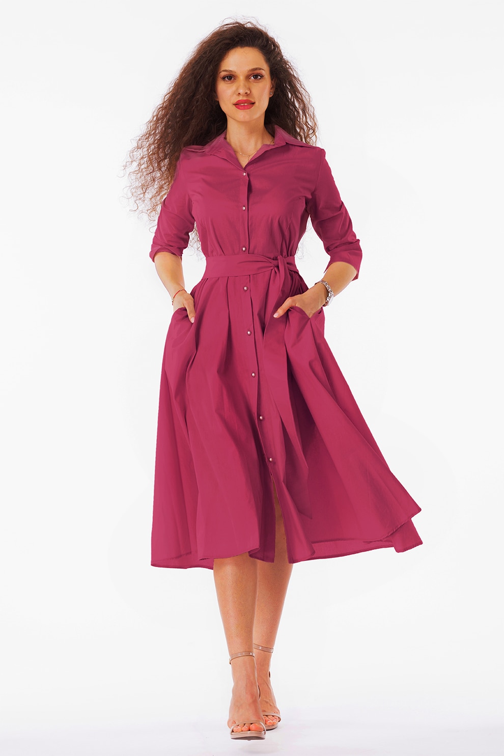 CAMISSI, Rochie-camasa evazata cu cordon in talie, Fucsia, XL