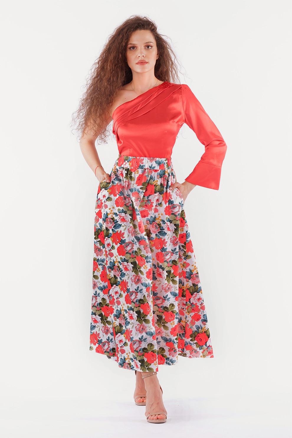 CAMISSI, Fusta cu imprimeu si buzunare laterale, Alb, Corai, Albastru, M
