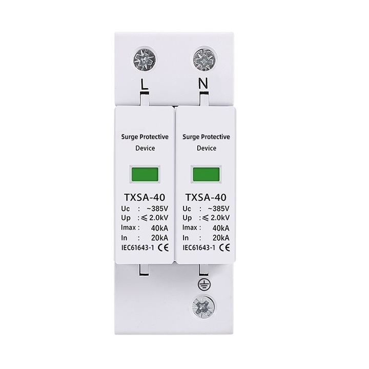Защита от пренапрежение, E-ETOP, TXSA402385, AC385V, 2P, 20-40KA, Катоден отводител, арестер, бял