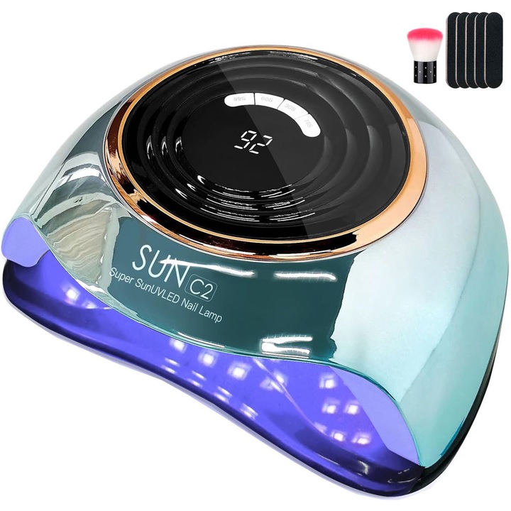 Lampa Unghii UV LED 288W, BYONDSELF® Lampa Profesionala 63 Leduri UV, Afisaj LCD, cu Perii Unghii si 5 Pila Unghii, Cablu 1.2M, Senzor Infrarosu, Uscare 10-99 Sec, Cyan Colorat