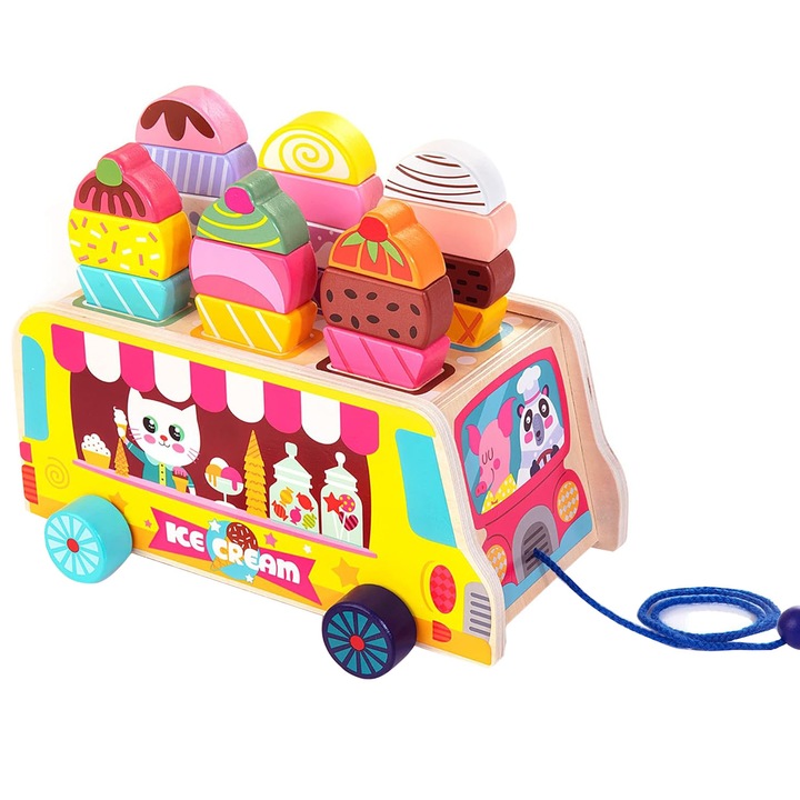 Дървена образователна играчка, BYONDSELF, Montessori магнитен дървен камион за сладолед, сортиращи форми, многоцветен, за момчета и момичета 2 3 4 години