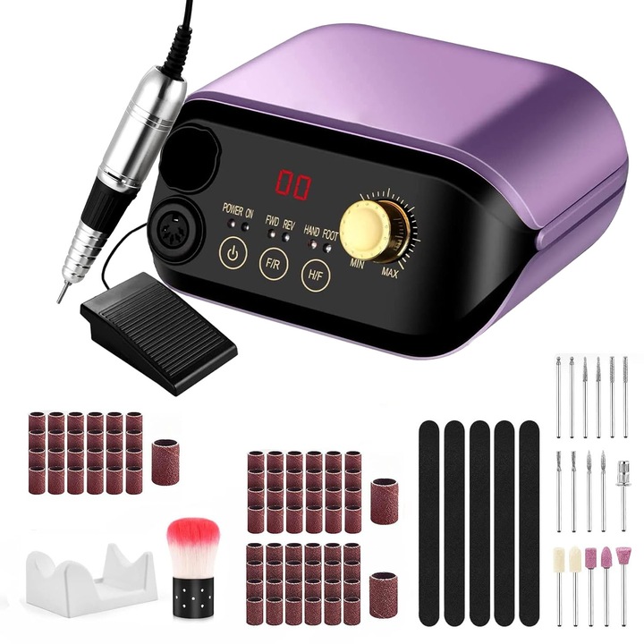 Пила за маникюр BYONDSELF Professional 35000 RPM 125 части за педикюр 16 глави 3/32", 100 шлифовъчни ленти, лилаво