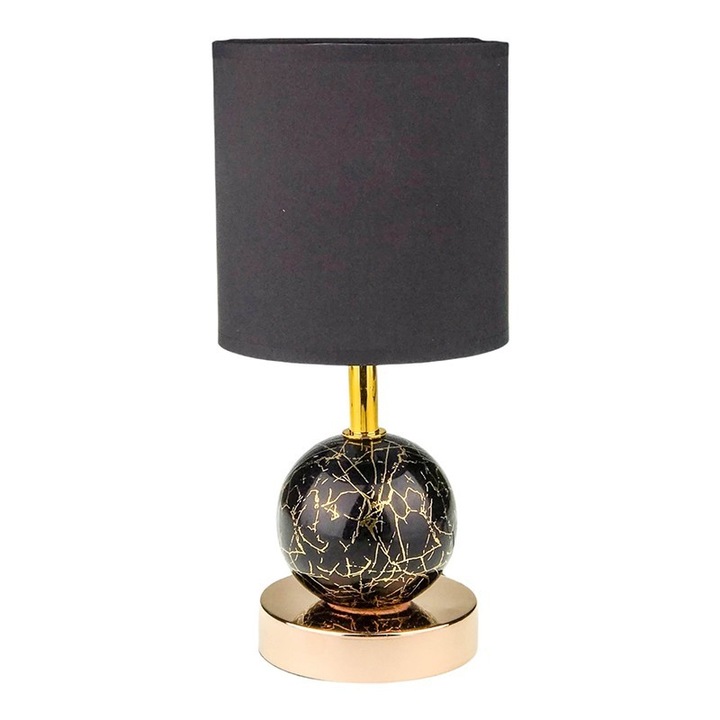 Veioza din ceramica cu suport sferic si abajur din panza, 13x27 cm, negru-auriu