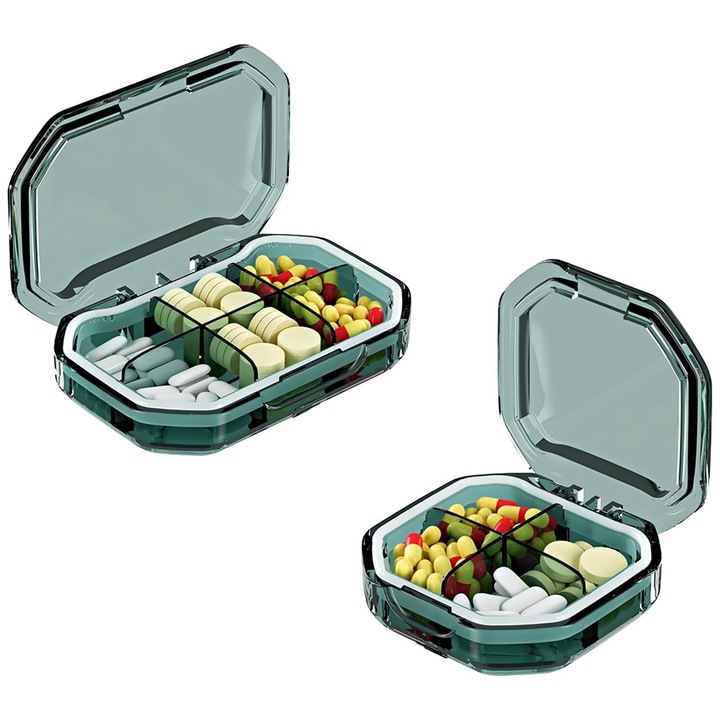 Cutie de pastile, VKK®, Doua tinute, Compartiment 6/4, Despartitor pentru pastile, Usor de deschis, impermeabil, Rezistent la umiditate, Calatorii creative, Verde