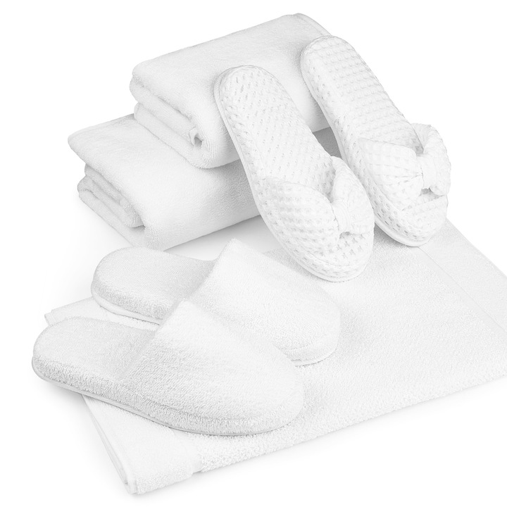 Комплект качествени плътни кърпи 100% памук, 1 кърпа за ръце 50х100 см, 580 гр/м2, 1 кърпа за тяло 70х140 см, 580 гр/м2, 1 кърпа за крака 50х80 см, 800 гр/м2 + 2 чифта премиум чехли 100 % памук, бял цвят