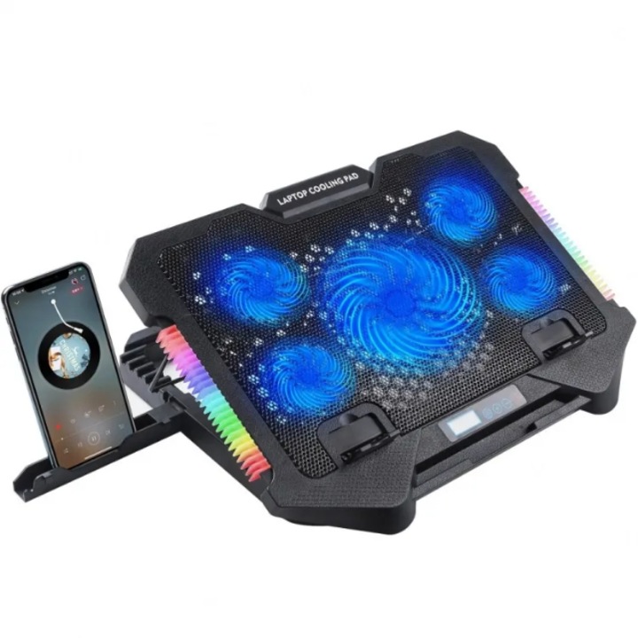 Cooler laptop universal, ideal pentru gaming, 5 ventilatoare,6 trepte de viteza, iluminare led, 2 suporturi de telefon, inaltime reglabila, negru