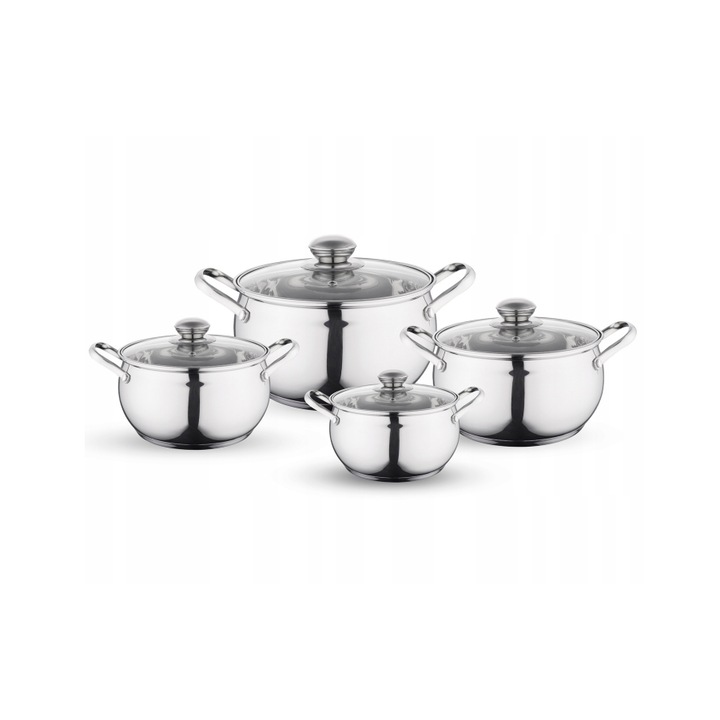 Комплект 4 тенджери от неръждаема стомана, с капак, 1.9 л, 2.6 л, 3.6 л, 4.7 л, сребристи, Miron Florina