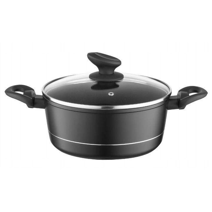 Oala din aluminiu forjat, cu capac, 20cm, 2, 1L, invelis antiaderent si manere izolate termic, design modern, calitate superioara, Florina Delux