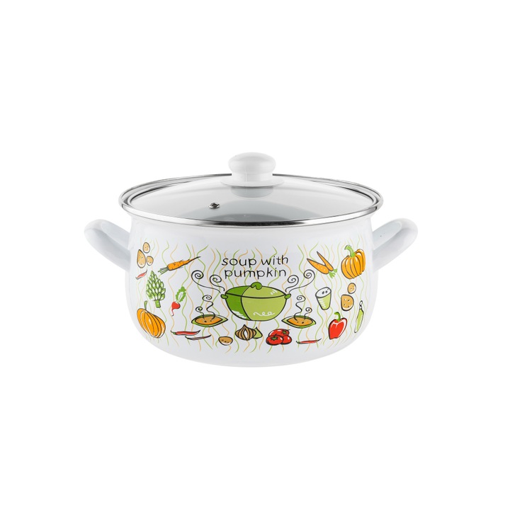 Тенджера с капак, въглеродна стомана, емайлирана, бяла, 22см, 5.3л, Флорина