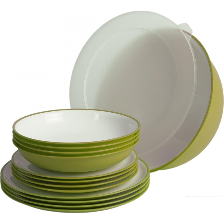 Set vesela din plastic rezistent Sanaliving Pic-Nic Pack 14 buc Verde